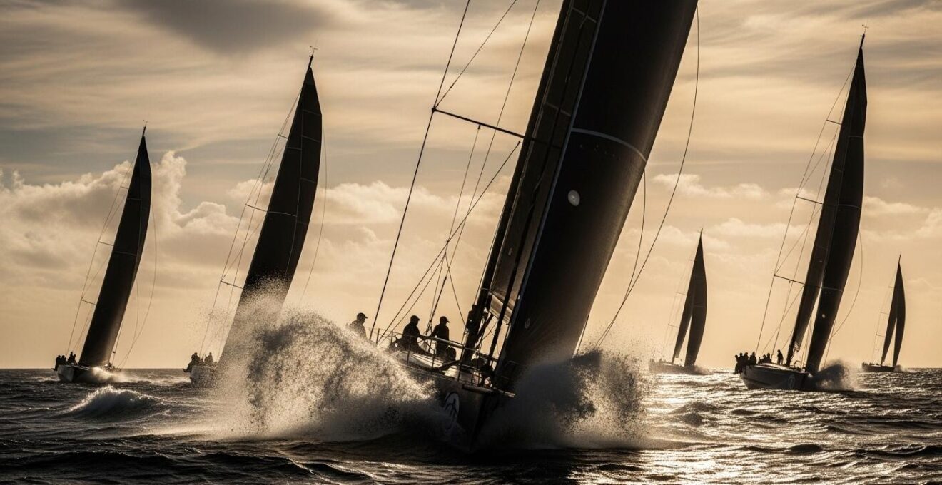 Voiliers de course au large en pleine compétition sur une mer agitée sous un ciel dramatique