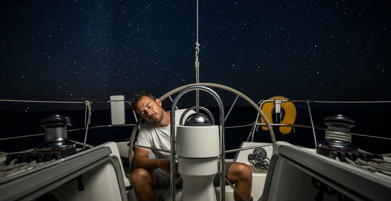 Photographie réaliste d'un navigateur solitaire dormant sur son bateau en mer sous un ciel étoilé, exprimant la récupération et la résilience