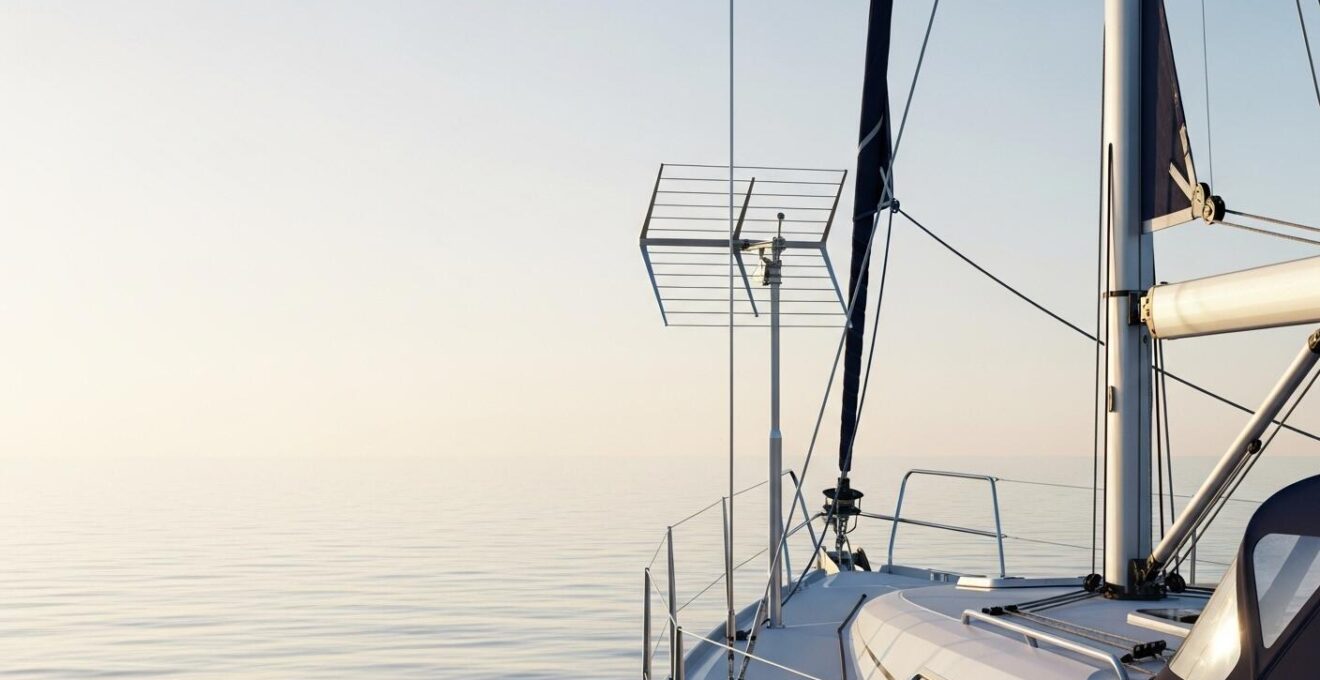 Bateau en mer équipé d'une antenne satellite sous un ciel dégagé illustrant la communication numérique avec la terre.