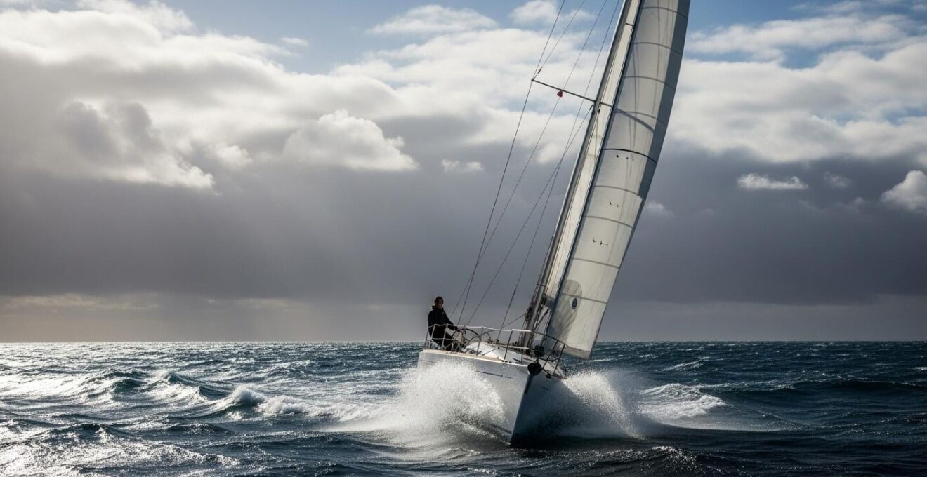 Voilier en mer avec visualisation symbolique d’éléments météorologiques comme le vent et les vagues