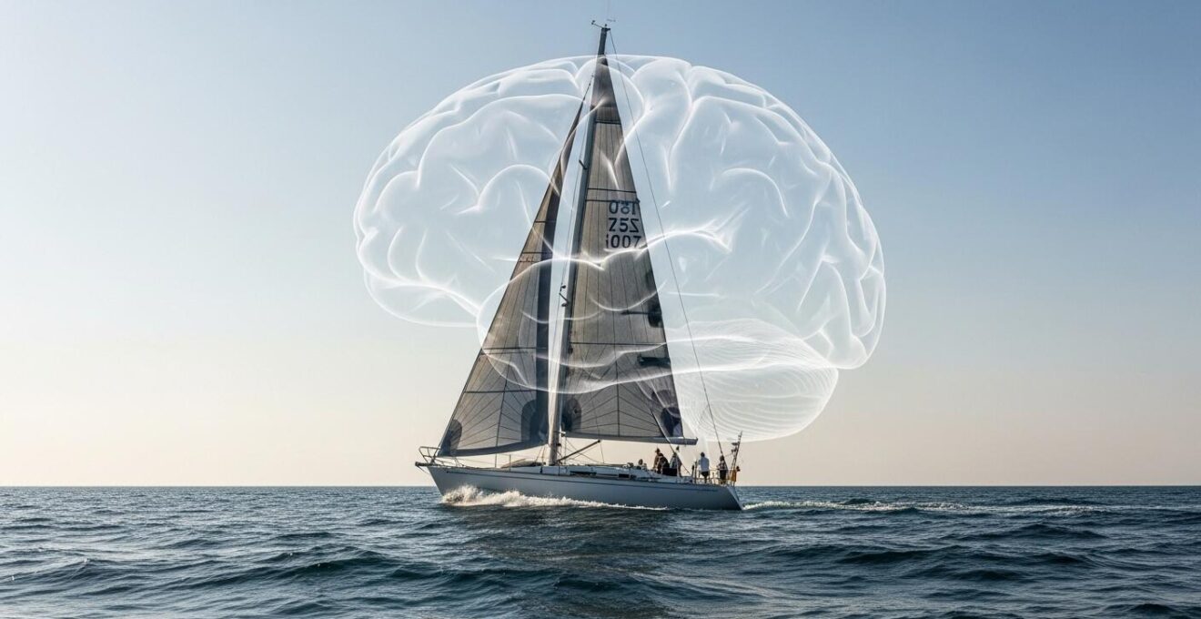 Photographie symbolique d'un cerveau superposé à un voilier en pleine régate pour représenter la force mentale du régatier
