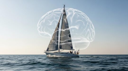 Photographie symbolique d'un cerveau superposé à un voilier en pleine régate pour représenter la force mentale du régatier