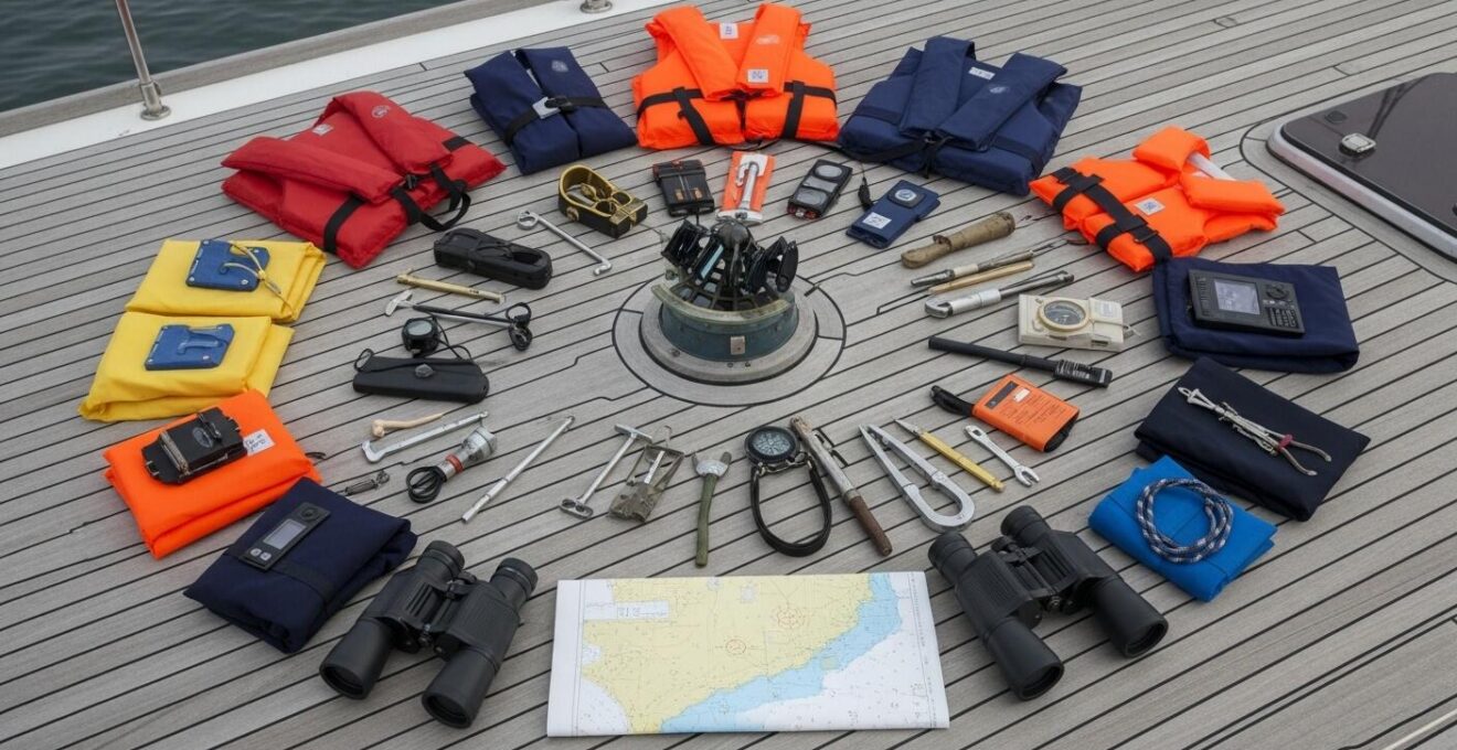 Vue conceptuelle de divers équipements de navigation et sécurité disposés en cercle sur un pont de bateau