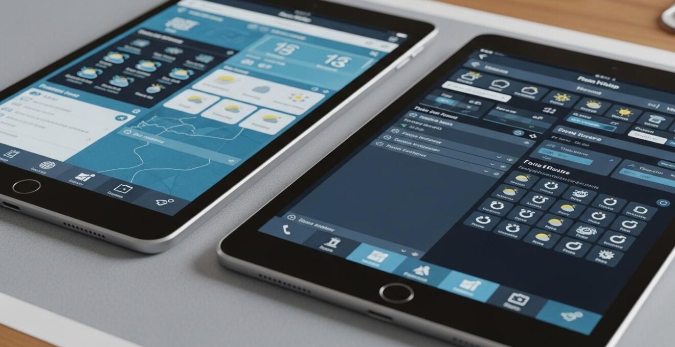 Vue symbolique de deux écrans d'applications mobiles nautiques avec interfaces modernes contrastées