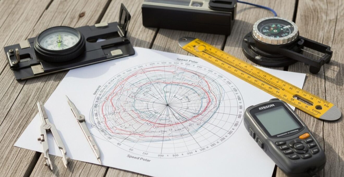 Diagramme de polaire de vitesse de voilier illustrant différents angles et vitesses de vent