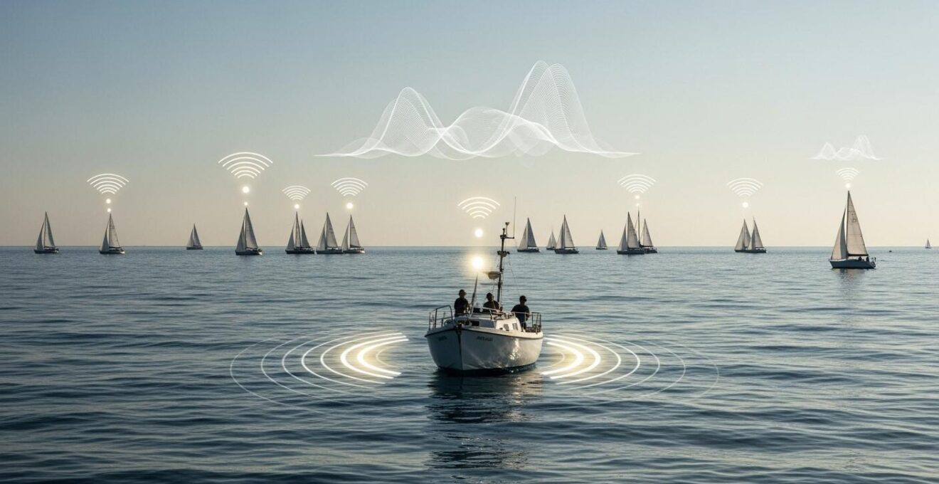 Composition conceptuelle montrant plusieurs voiliers sur un océan, avec des capteurs imaginaires symbolisant la collecte météo en temps réel.