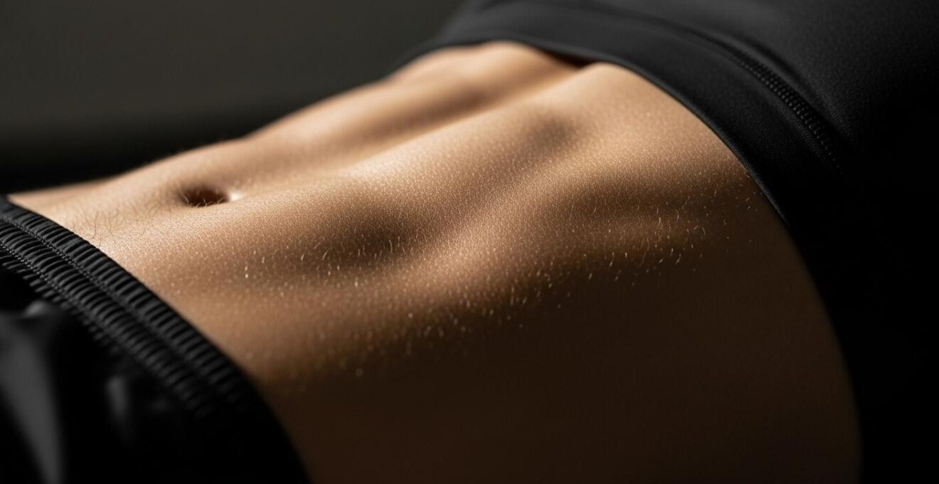 Vue macro sur des muscles abdominaux et dorsaux contractés lors d'un exercice de gainage