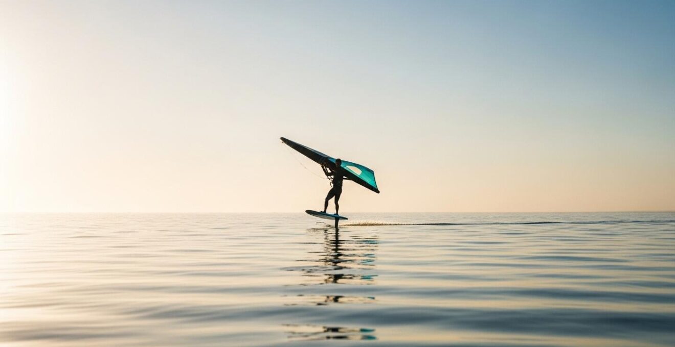 Photographie réaliste d'un sportif de glisse naviguant sereinement sur une eau calme au lever du soleil