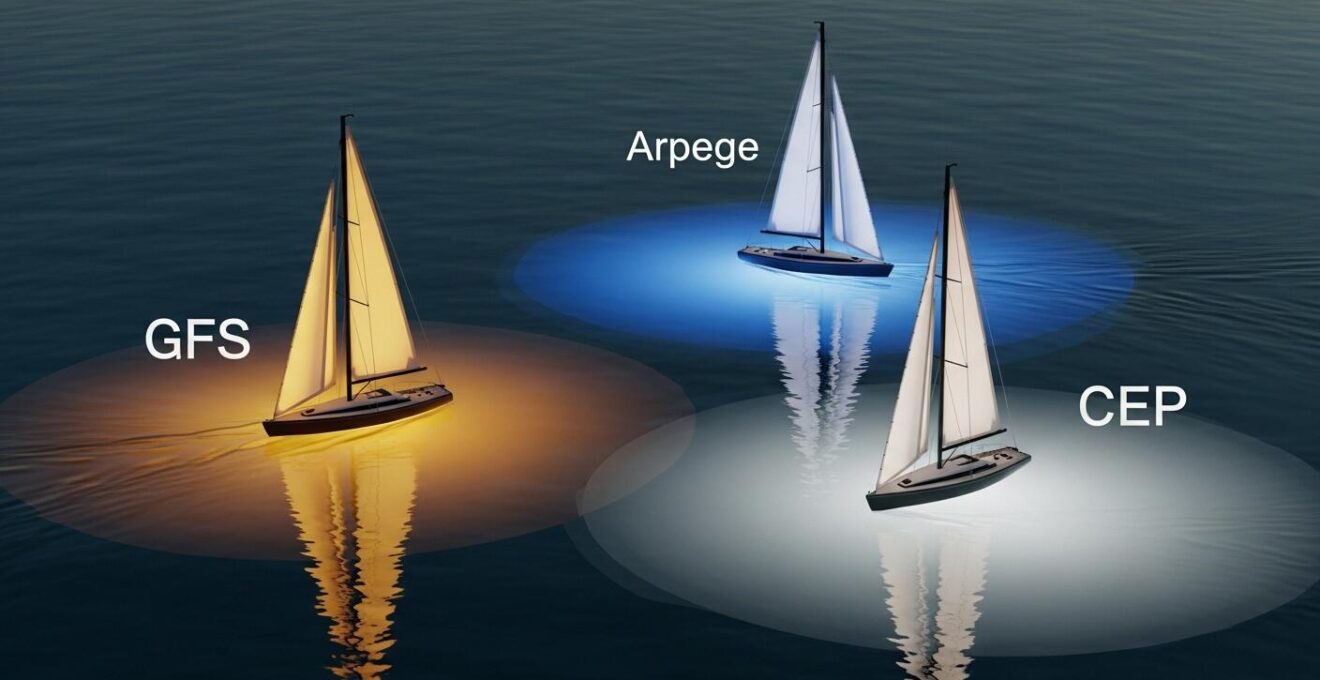 Photographie conceptuelle de trois maquettes de bateaux naviguant sur différentes portions d’un plan d’eau, évoquant la rivalité entre modèles météo.