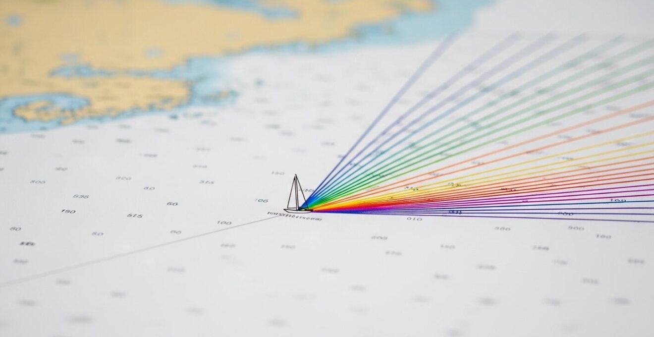 Carte nautique illustrant des courbes d’isochrones en mer autour d’un point de départ