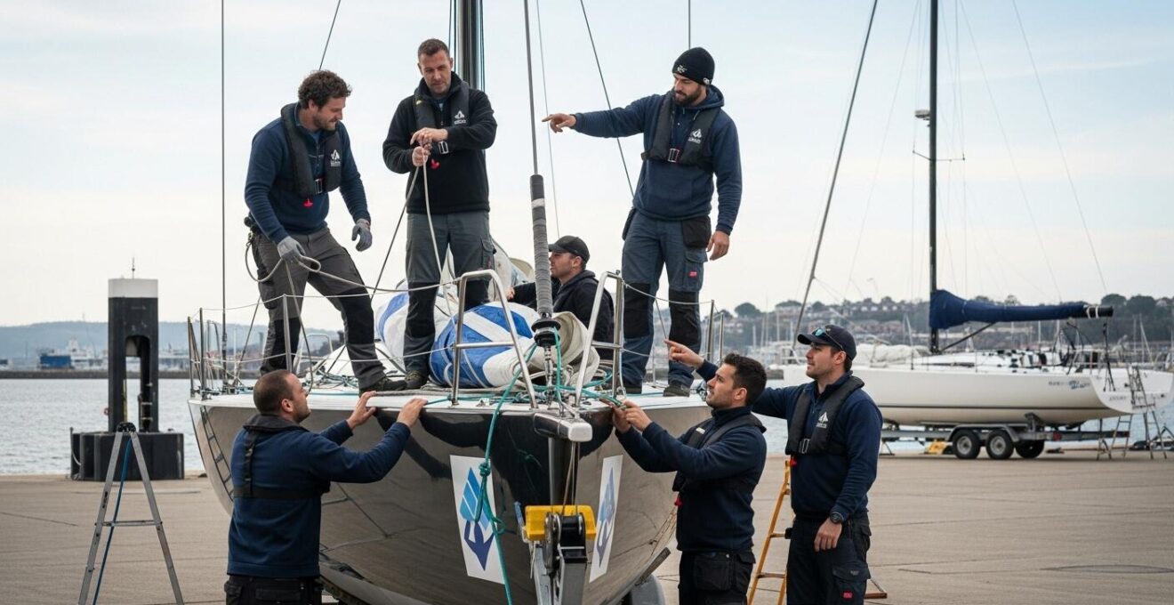 Vue environnementale d'une équipe technique autour d'un voilier en calage avant départ de course