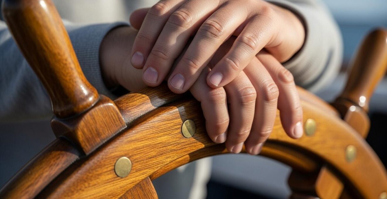 Détail en gros plan de mains relâchées posées sur un gouvernail de bateau