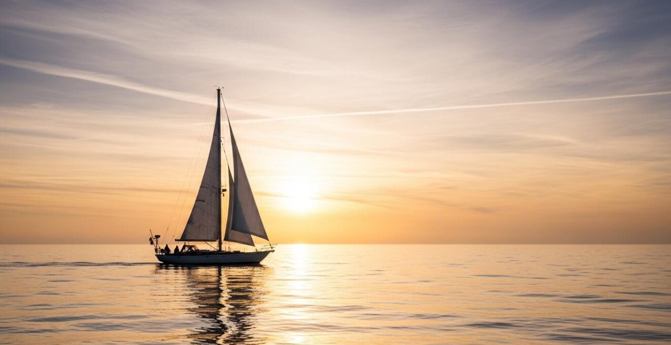Voilier classique en silhouette solitaire au lever du soleil sur une mer calme