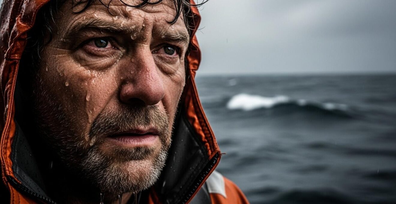 Visage d'un marin avec expression de fatigue et stress, sur fond flou de mer agitée