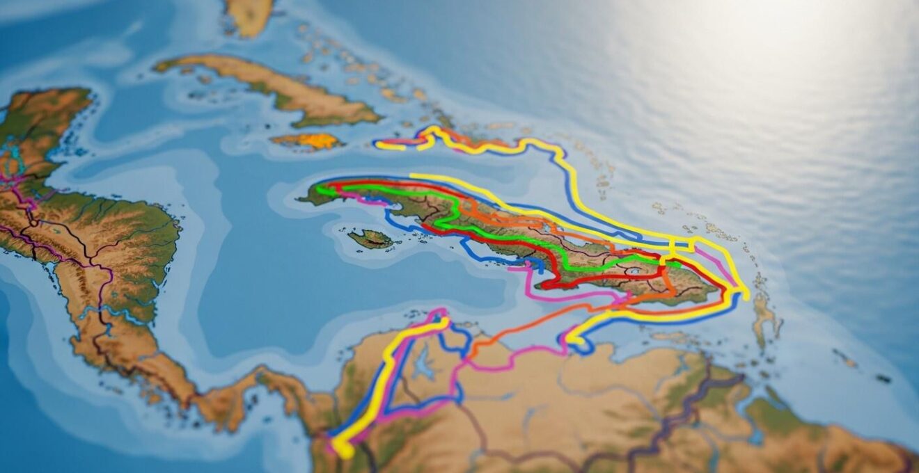 Carte symbolique des Antilles indiquant les zones de navigation sécurisées hors saison cyclonique