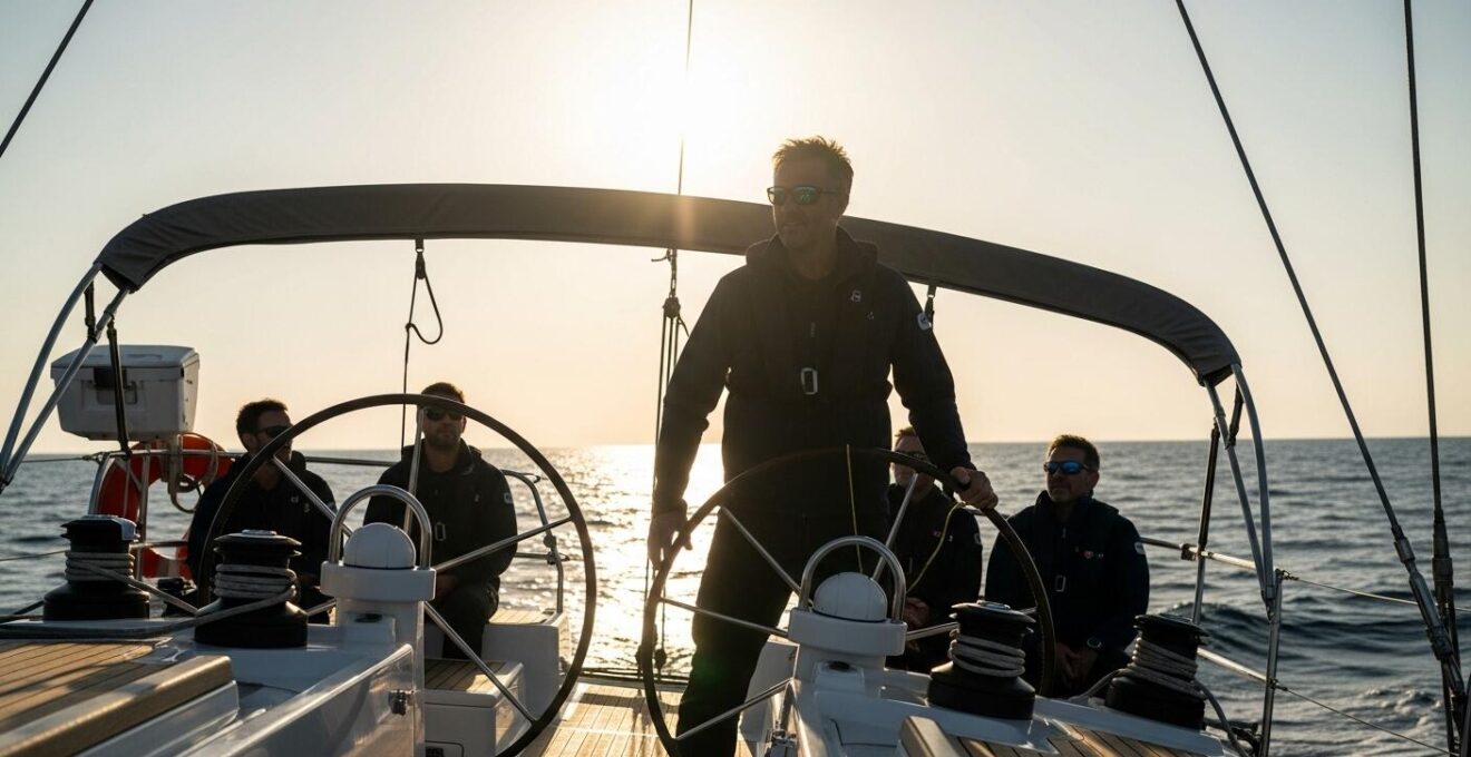 Capitaine attentif guidant son équipage depuis la barre, attitude de chef inspirant.