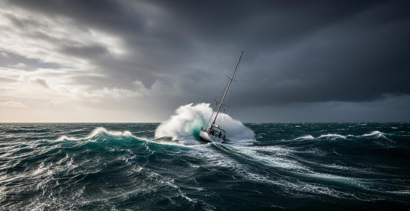 Bateau de voilier affrontant une mer agitée avec des nuages sombres au-dessus