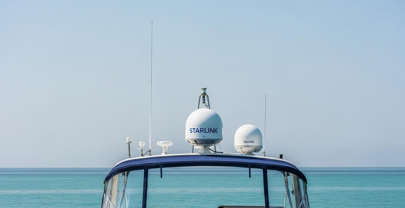 Parabole Starlink installée sur un bateau en mer calme sous ciel clair