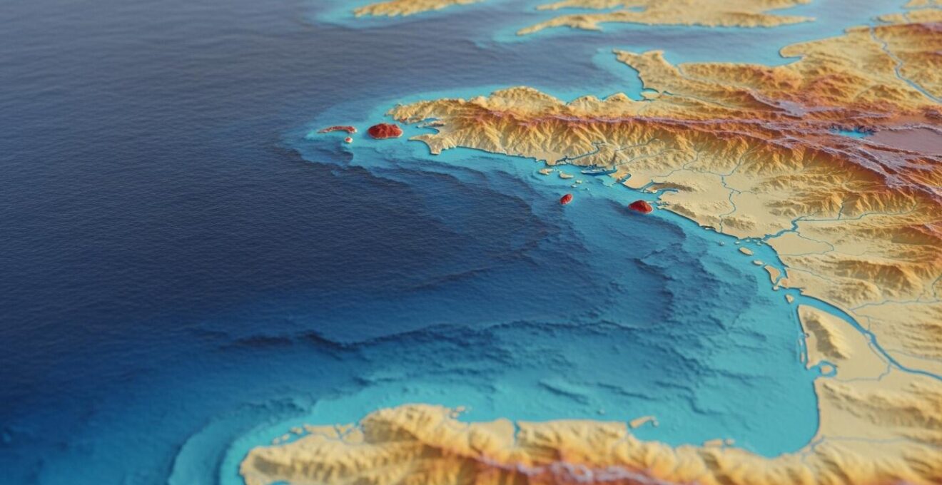 Carte stylisée du golfe de Gascogne mettant en avant le plateau continental et les zones à risque proches des côtes