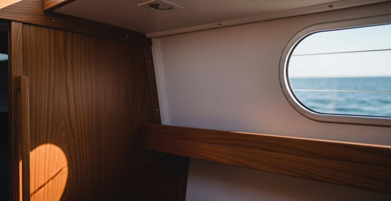 Intérieur minimaliste et chaleureux d'un voilier avec vue sur la mer calme à travers un hublot