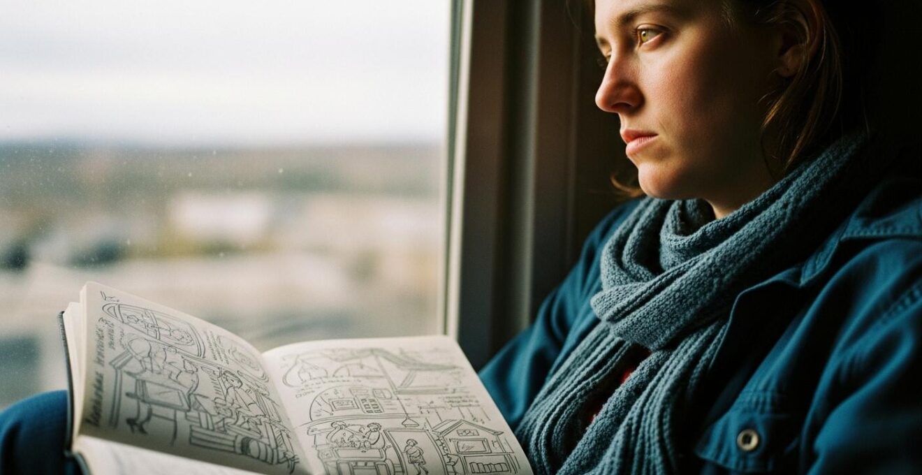 Personne regardant par une fenêtre avec une expression mélancolique, tenant un carnet de voyage