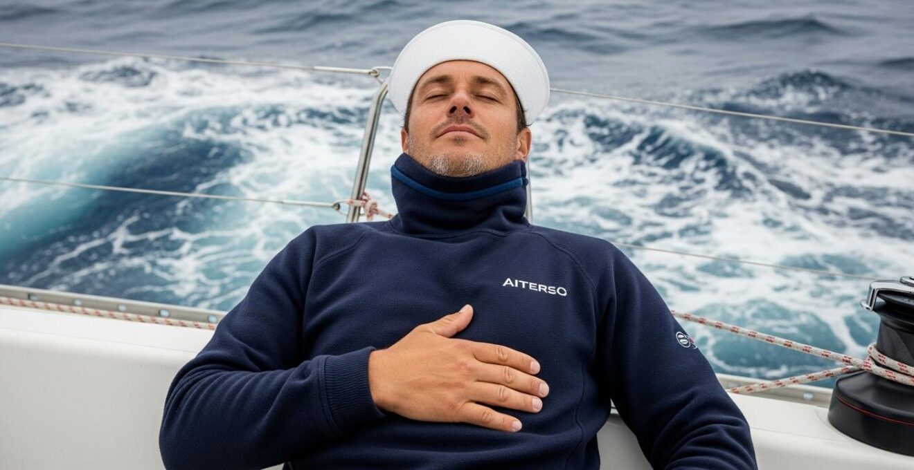Navigateur fermant les yeux, main sur le ventre, respirant profondément sur un voilier en mer agitée.