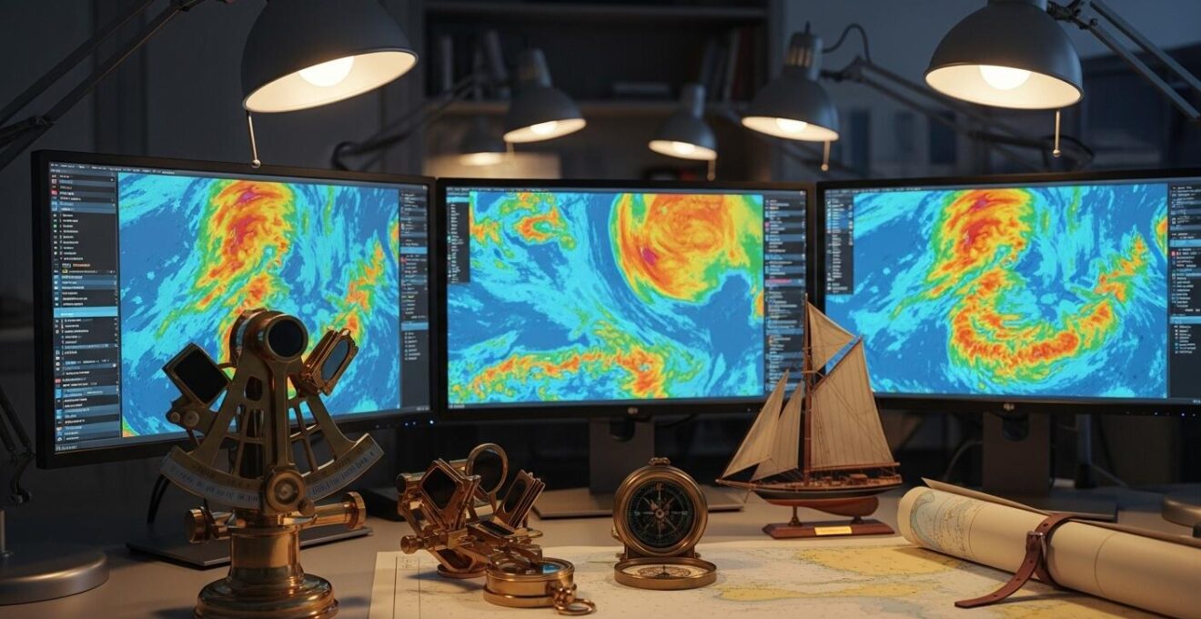 Photographie conceptuelle d’un espace de travail moderne saturé d’écrans affichant des cartographies météo abstraites, sans aucun texte visible.