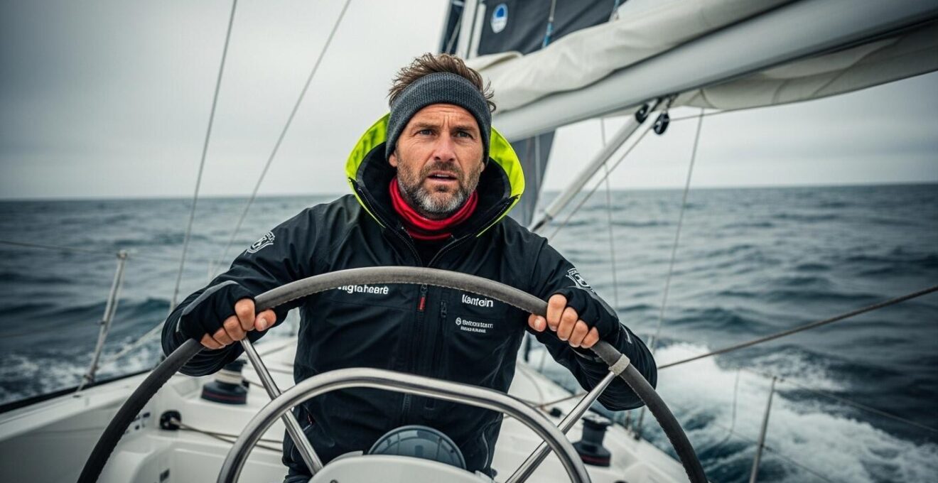 Skipper concentrate deeply à la barre de son voilier en pleine course au large, face à l'océan et au ciel changeant