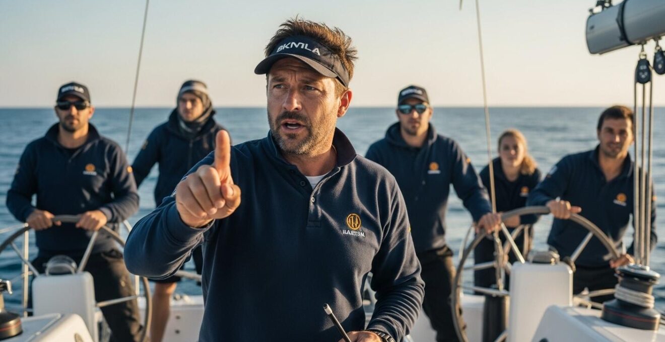 Photographie d un skipper leader dirigeant un équipage en pleine navigation en mer