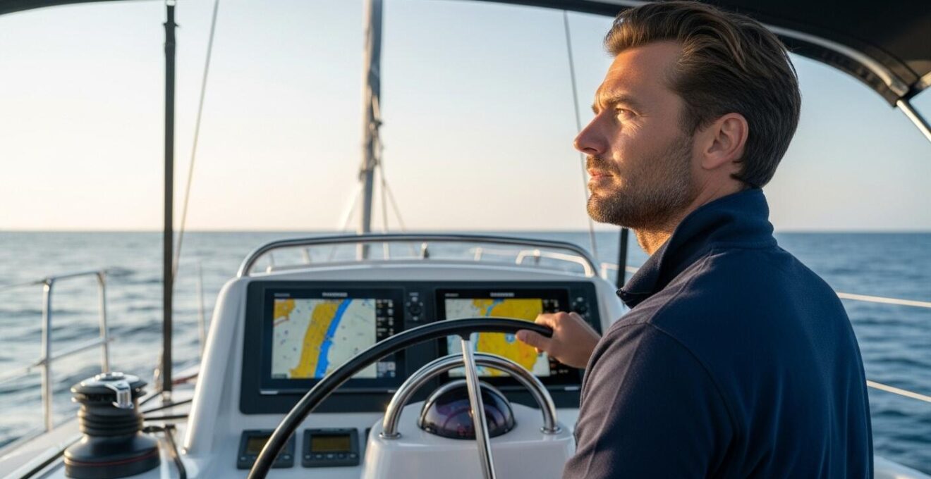 Photographie réaliste d'un skipper scrutant l'horizon depuis le cockpit, avec en arrière-plan un ordinateur de navigation et la mer, lumière matinale, qualité 4K.