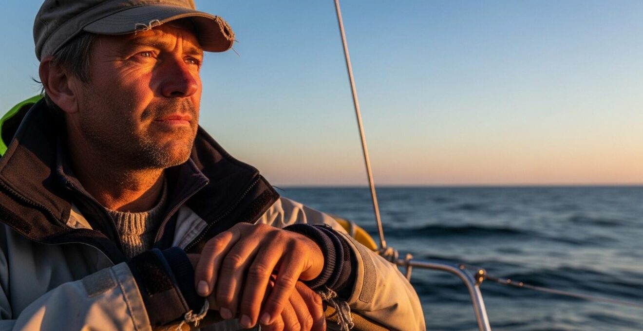 Portrait en gros plan d’un skipper en pleine réflexion, seul à bord de son voilier, avec l’océan à l’arrière-plan et une lumière douce du coucher de soleil.
