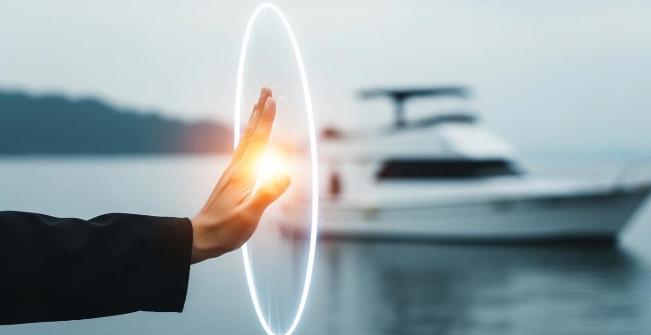 Main et bouclier lumineux symbolisant la sécurité et la protection cybernétique d’un bateau en mer