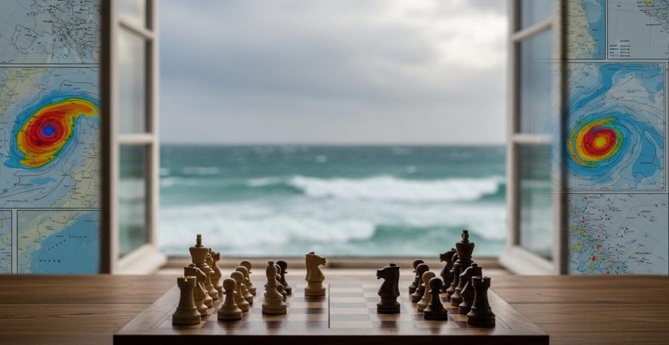 Tableau abstrait symbolisant une partie d’échecs sur mer agitée avec des cartes météo en arrière-plan flou