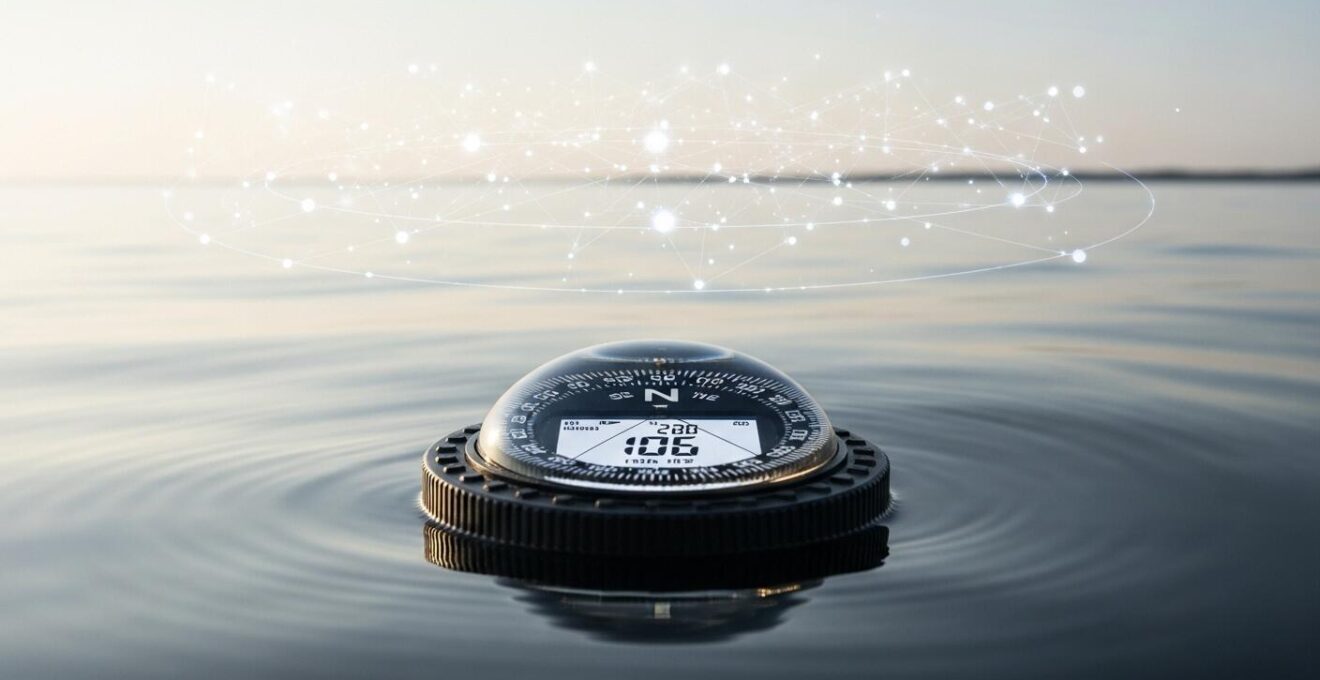 Boussole numérique et horizon marin avec superposition satellite en arrière-plan