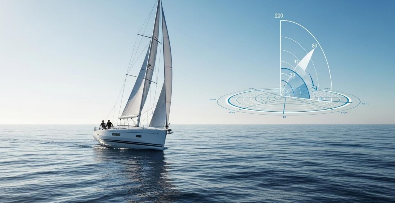 Voilier en pleine mer avec un graphique polaire stylisé en arrière-plan