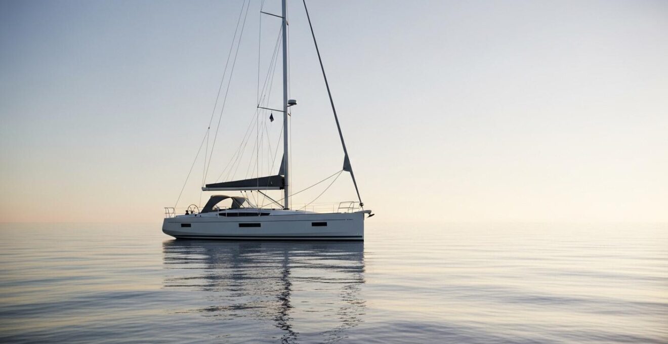 Voilier élégant en navigation au lever du soleil avec arrière-plan marin apaisant
