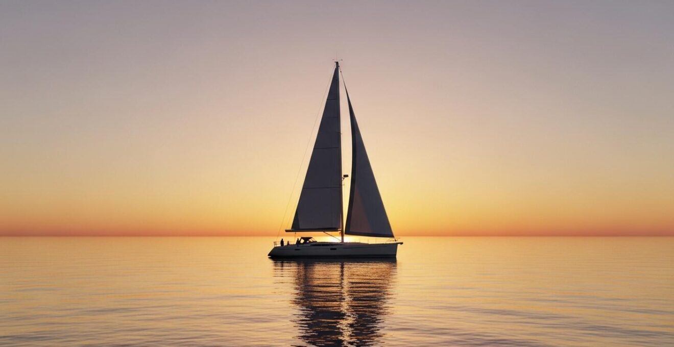 Voilier majestueux en mer avec un ciel au lever du soleil symbolisant un rêve nautique et un nouveau départ
