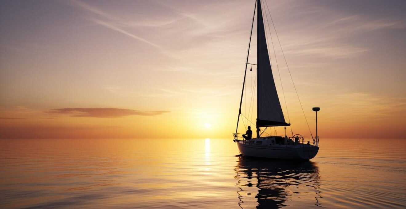 Voilier solitaire naviguant sur une mer calme au coucher du soleil avec une silhouette méditative sur le pont