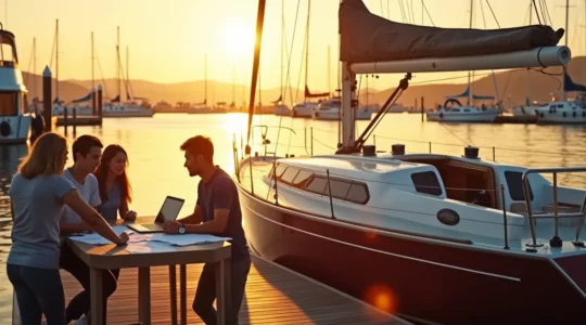 Un voilier élégant à quai au coucher du soleil avec une famille planifiant leur projet de navigation