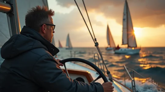Un skipper en voile en compétition, concentré, face à un plan d'eau avec des voiliers et des conditions météo changeantes