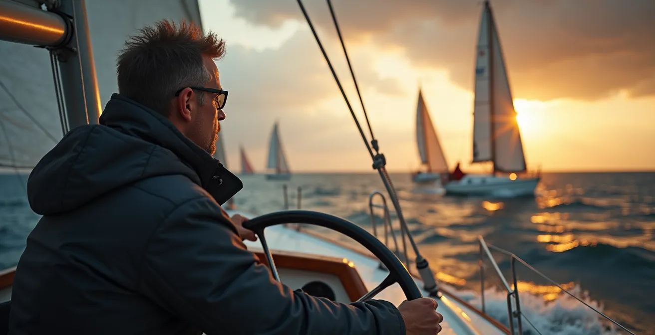 Un skipper en voile en compétition, concentré, face à un plan d'eau avec des voiliers et des conditions météo changeantes