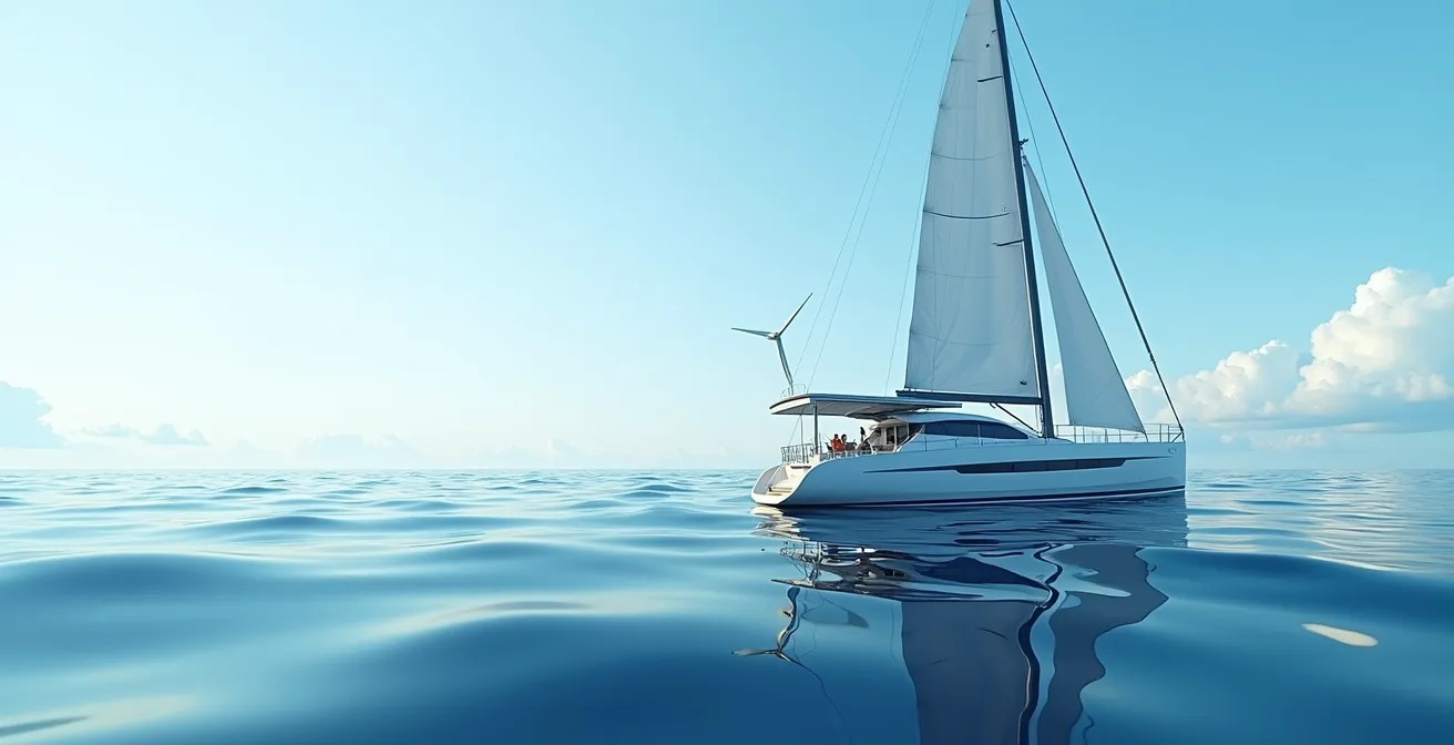 Système énergétique hybride avec panneaux solaires, éolienne et hydrogénérateur sur voilier en mer