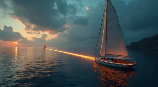 Vue symbolique d'un bateau en mer communiquant par satellite avec la terre via un cordon numérique lumineux