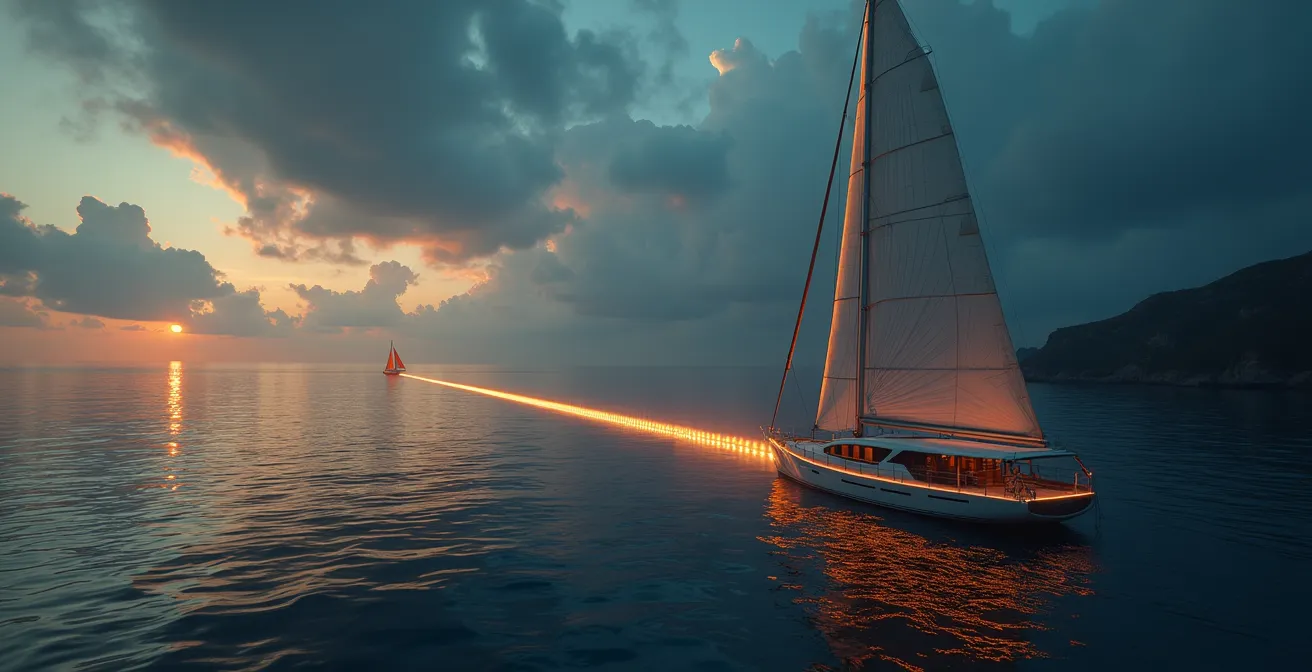 Vue symbolique d'un bateau en mer communiquant par satellite avec la terre via un cordon numérique lumineux