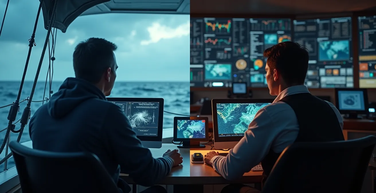 Représentation visuelle symbolique d'une conversation entre un skipper en mer et son routeur à terre, montrant la transmission d'informations et la prise de décision.