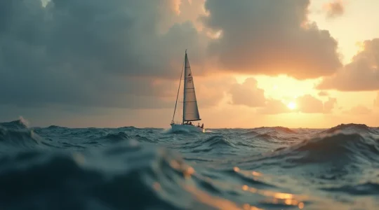 Voilier de course au large solitaire naviguant sur une mer agitée sous un ciel dramatique