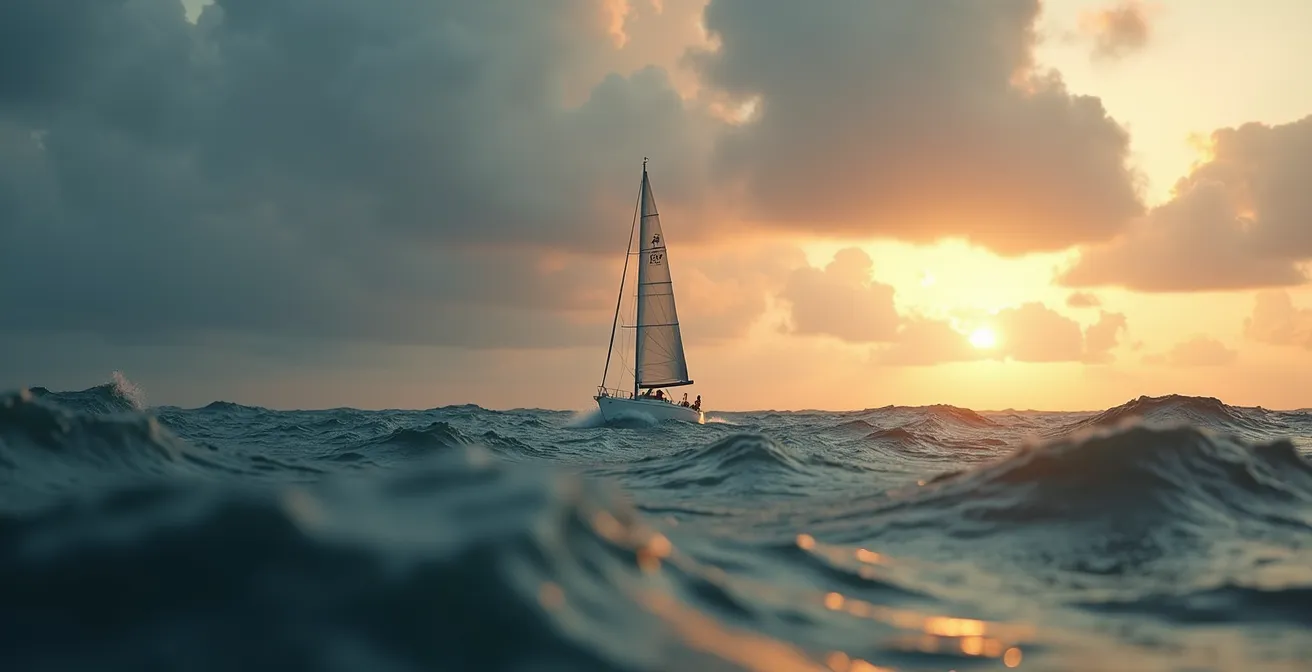 Voilier de course au large solitaire naviguant sur une mer agitée sous un ciel dramatique