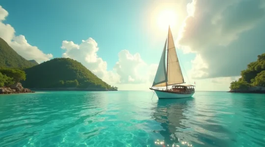 Vue panoramique d'un voilier traditionnel naviguant dans les eaux turquoise limpides des Antilles avec un arrière-plan d'îles tropicales luxuriantes sous un ciel ensoleillé