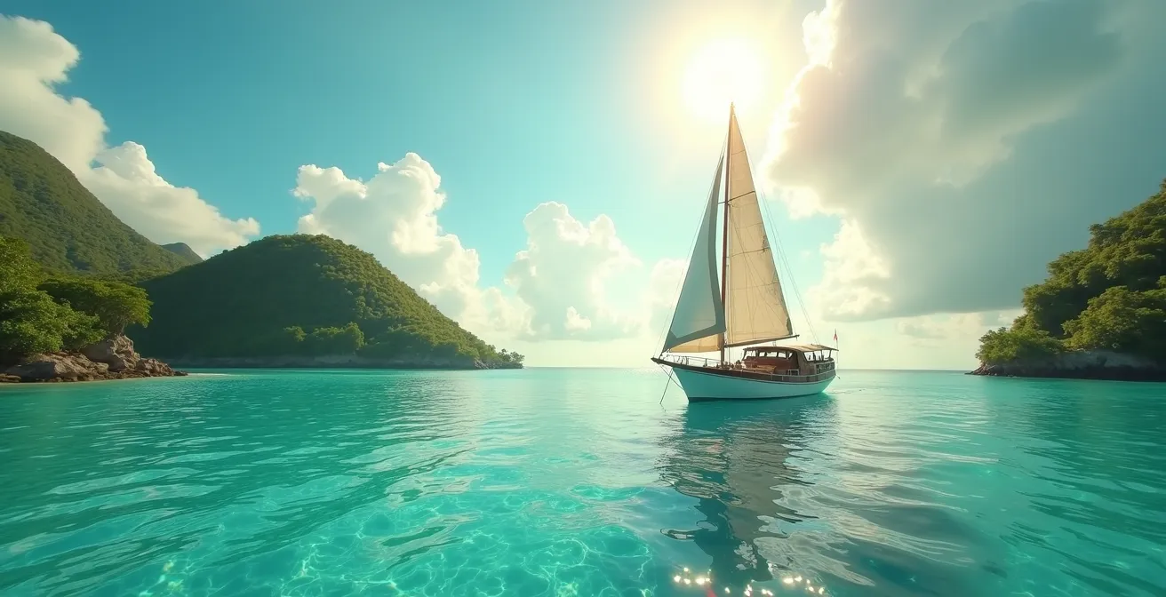 Vue panoramique d'un voilier traditionnel naviguant dans les eaux turquoise limpides des Antilles avec un arrière-plan d'îles tropicales luxuriantes sous un ciel ensoleillé