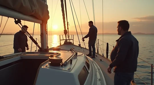 Voilier prêt à partir en mer avec équipage préparé, ciel matinal, ambiance d'aventure maritime